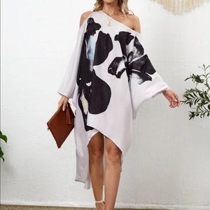 Asymmetrical Neck Floral Print Cut Out Asymmetrical Hem Dress